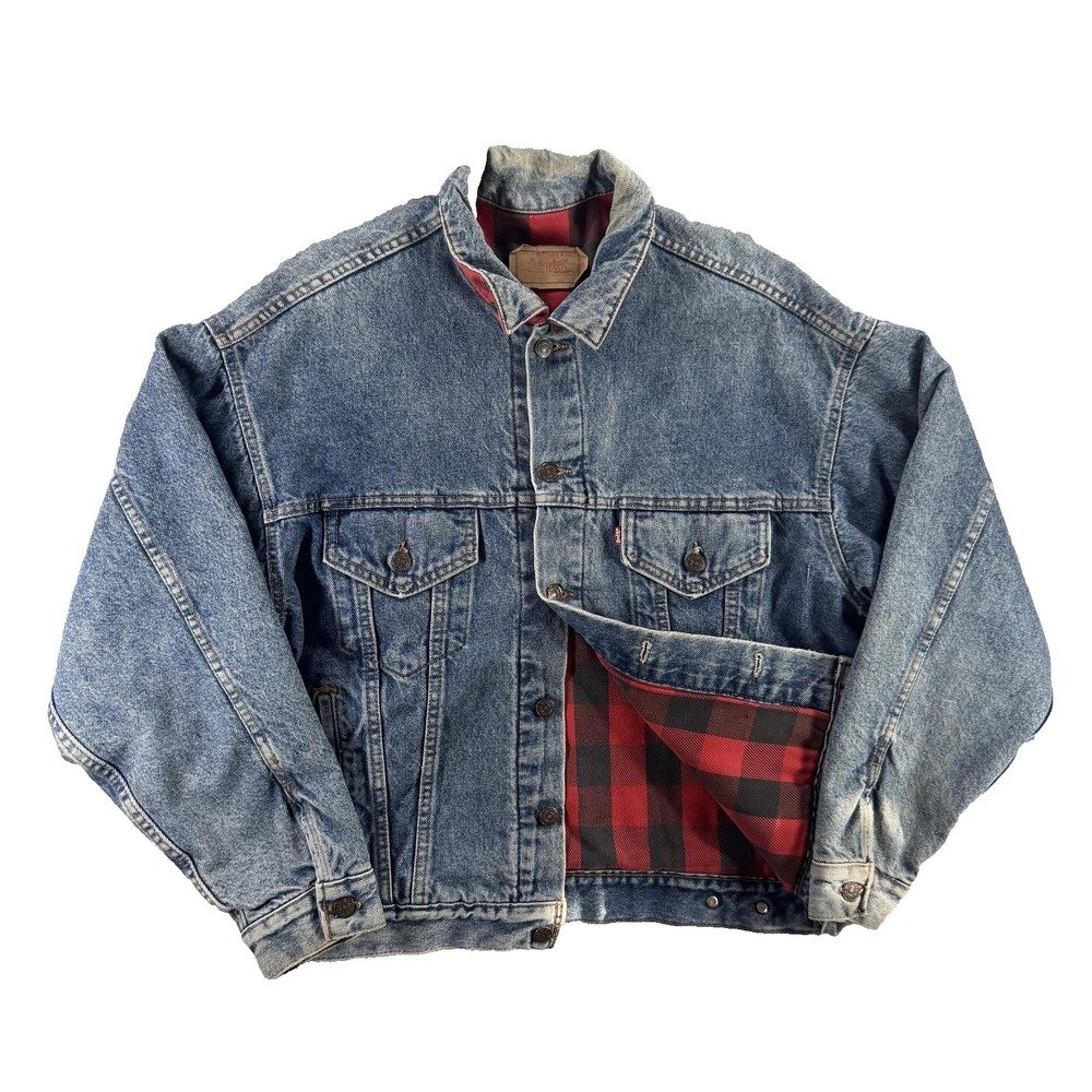 VTG Levi's Jacket Mens Large Denim Lined Trucker Buffalo Plaid Button 70417